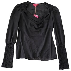 LAVIA Piazza Sempione Semi-Sheer Wool Black Blouse Small Smocked Cuffs NWT Goth